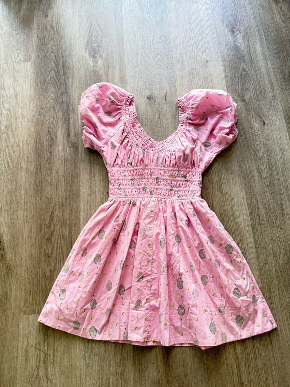 jacquie the label pink tennis racket print puff sleeve smocked mini dress small - Picture 3 of 5